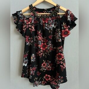 Black Floral Cold-Shoulder Blouse | Studded Neckline | Date Night Top | Size M